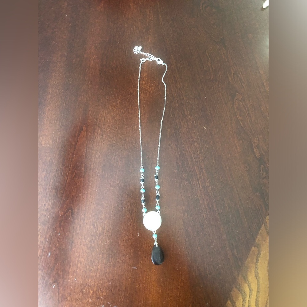 Vintage Delicate Turquoise Black and Silver Filigree Pendant Necklace - Picture 3 of 4